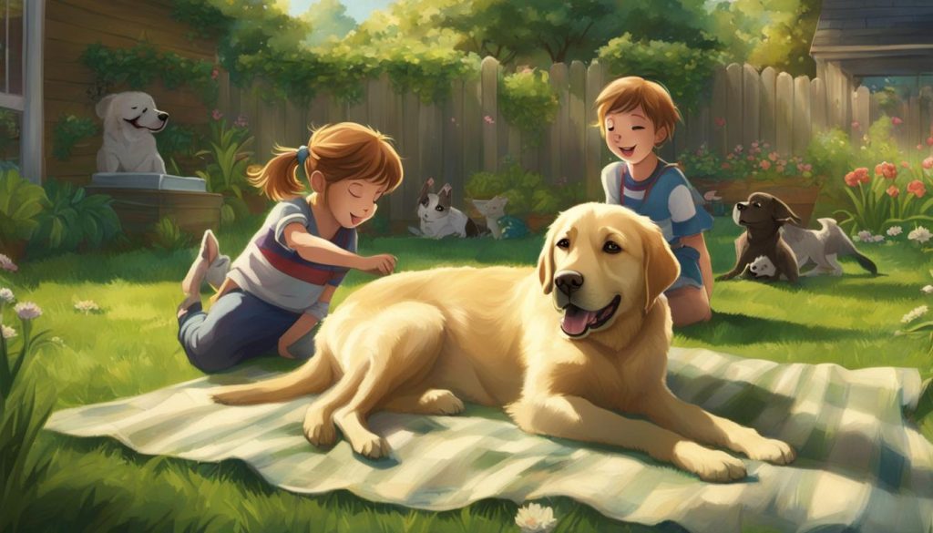 Golden Labrador with children and other pets