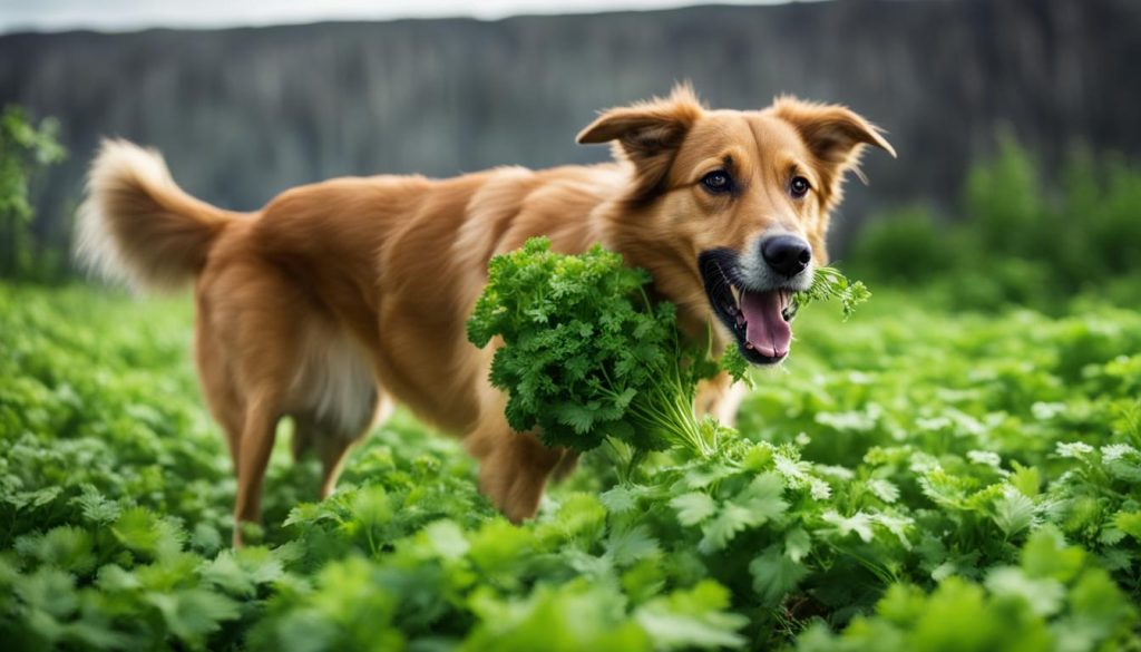 Dog eating cilantro