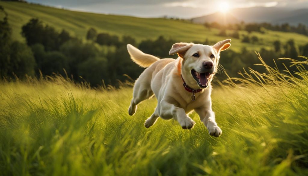 Labrador Retriever playing in a field