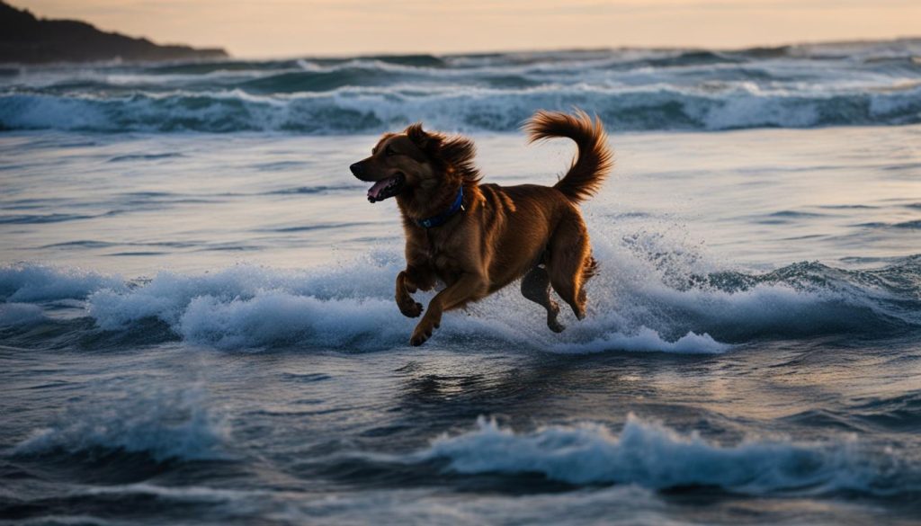 dog chasing waves