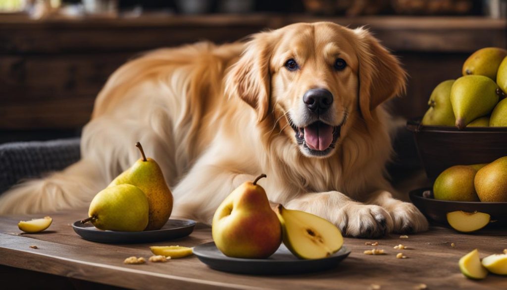 dog eating a pear