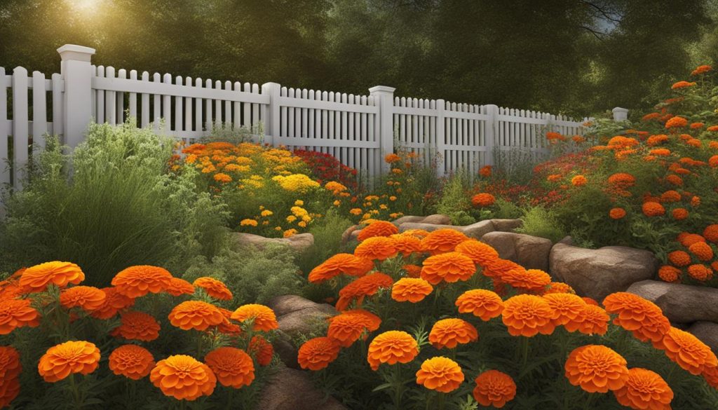 marigolds and herbs in a garden