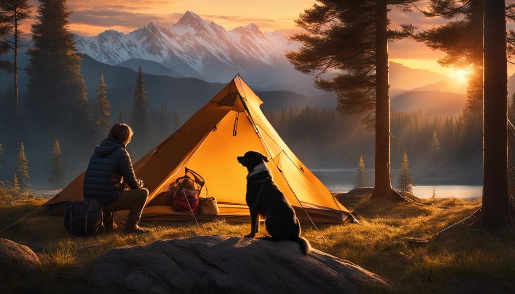 pitching a tent with a dog