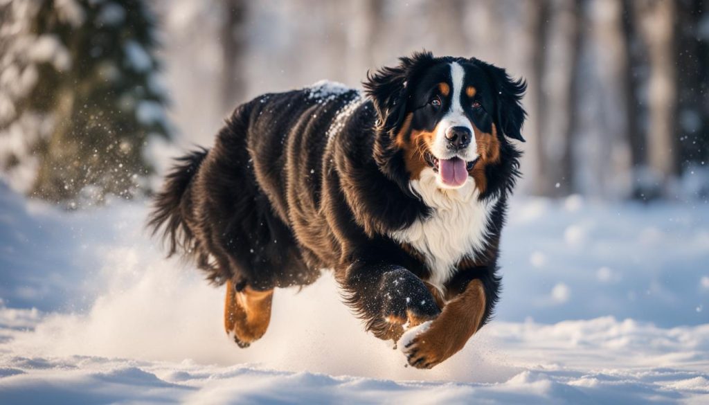 Bernese mountain dog playing in the snow