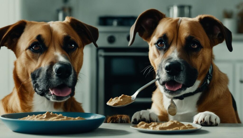 Dogs eating almond butter