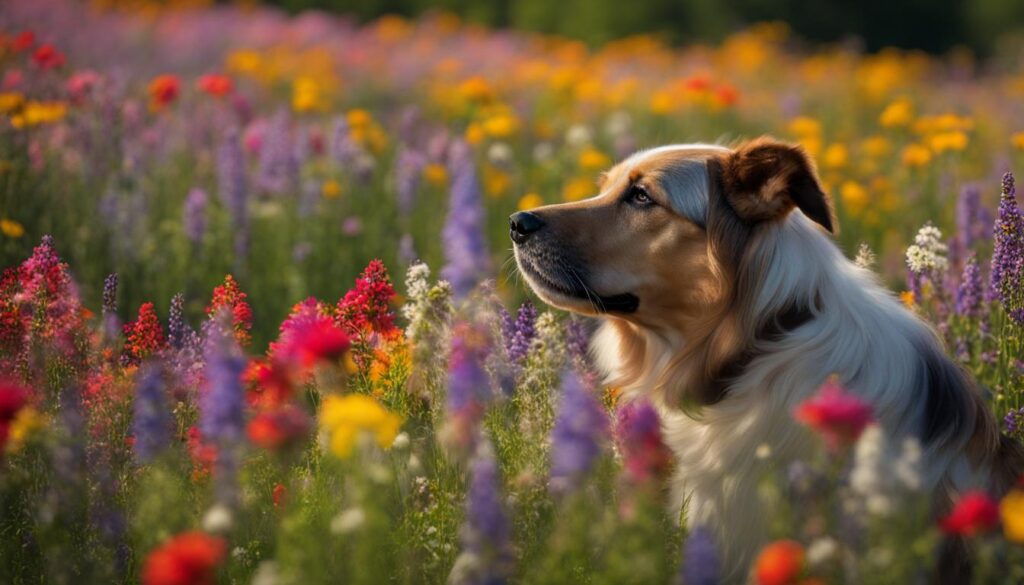 dog smelling flowers