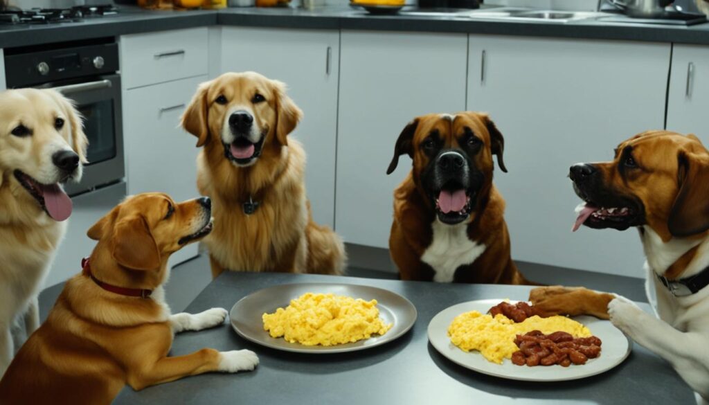 dogs eating chorizo and eggs