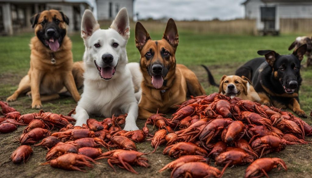 dogs eating crawfish